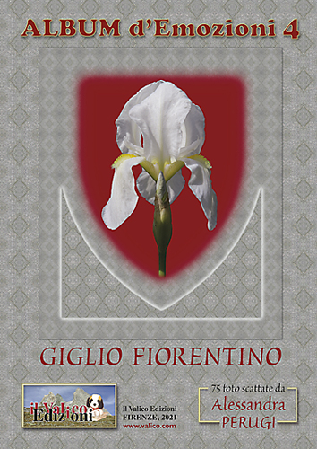 copertina con un bianco fiore di Iris florentina contenuto in uno scudo rosso